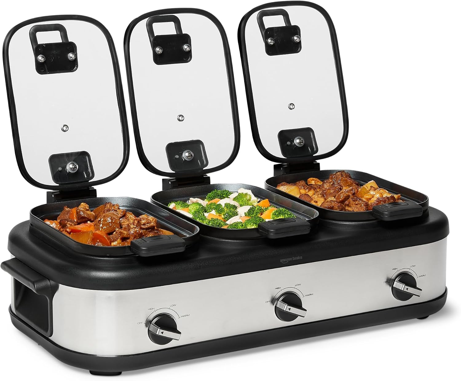triple-slow-cooker-with-ceramic-nonstick-coating-individual-temperature-controls-crock-pot-for-parties-and-events-locking-handles-glass-lids-3-x-2-5-quarts-stainless-steel