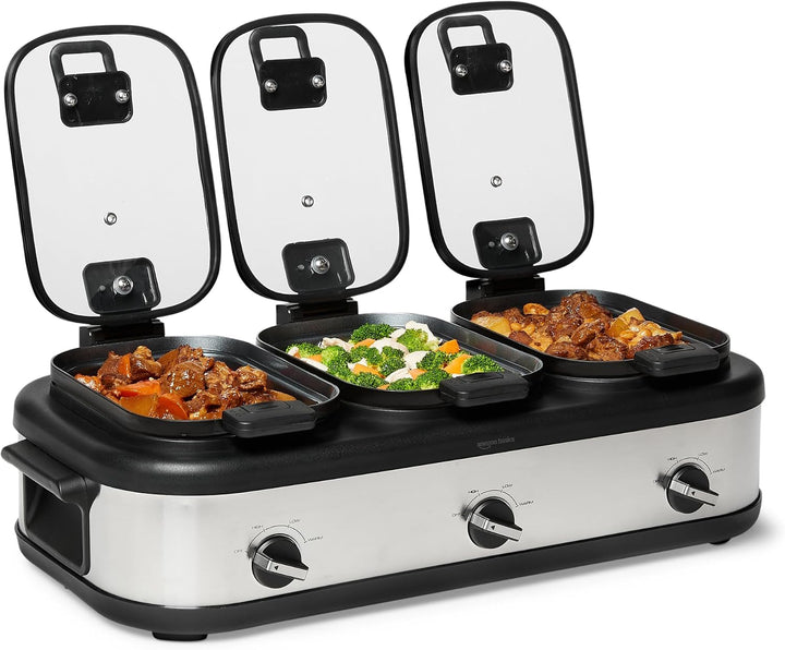 Triple Slow Cooker with Ceramic Nonstick Coating, Individual Temperature Controls Crock Pot for Parties and Events, Locking Handles, Glass Lids, 3 X 2.5 Quarts, Stainless Steel