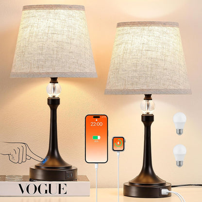 Touch Black Table Lamp Set of 2 with USB C+A Ports, Desk Lamp-19.7''1