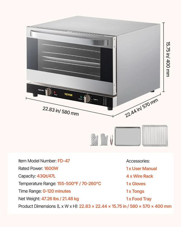 Commercial Convection Oven, 47L/43Qt, Half-Size Conventional Oven Countertop, 1600W 4-Tier Toaster W/Front Glass Door, Electric Baking Oven W/Trays Wire Racks Clip Gloves, 120V | for Restaurant Bakery, 1600W 4-Tier Countertop Electric Toaster, with Front Glass Door, Trays, Wire Racks, Clip Gloves, 120V7