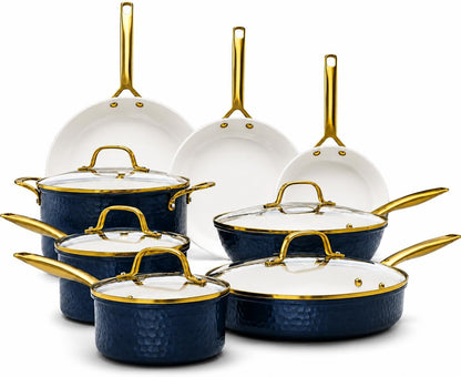 Hammered 13Pc Pots and Pans Set Non Stick Ceramic Cookware Set | Heavy Duty 3.0MM Gauge, Non Toxic PFOA/PTFE/PFOS Free Ceramic & Titanium, Induction Compatible, Oven & Dishwasher Safe1