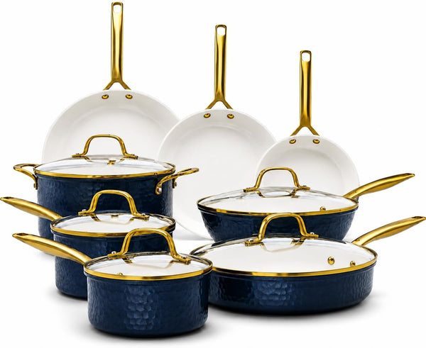 Hammered 13Pc Pots and Pans Set Non Stick Ceramic Cookware Set | Heavy Duty 3.0MM Gauge, Non Toxic PFOA/PTFE/PFOS Free Ceramic & Titanium, Induction Compatible, Oven & Dishwasher Safe1