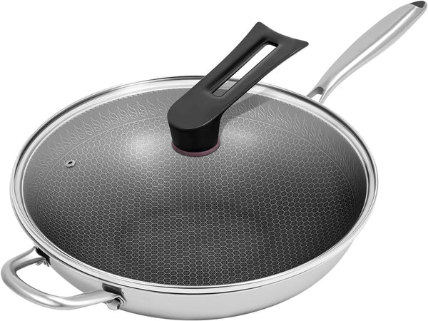 13.4 Inch Stainless Steel Stir-Fry Wok, Cooking Frying Pan, Non Stick Honeycomb Skillet with Stay Cool Handle- Suitable for Induction, Ceramic, Electric, and Gas Cooktops1