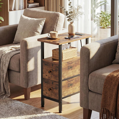 Narrow End Table with Charging Station, Side Tables Living Room | End Tables Living Room Set of 2, Skinny Nightstand with Fabric Drawers for Bedroom, Small Spaces, Rustic Brown2
