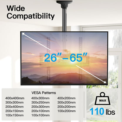 Ceiling TV Mount for 26-65 Inch Flat Screen Displays, Max VESA 400X400Mm, Hanging Adjustable Ceiling TV Bracket Fits Most LCD LED OLED 4K Tvs, Pole Ceiling Mount Holds up to 110Lbs, PSCM22