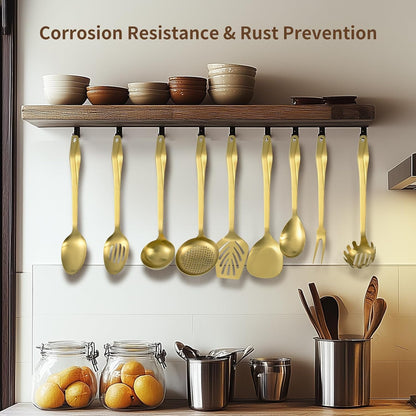 304 Stainless Steel Kitchen Utensil Set - 9Pcs Cooking Utensils, Metal Kitchen Utensil Spatula Sets Cookware,High Temperature Resistance Kitchen Tool Set for Hanging Dishwasher Safe（Gold）2