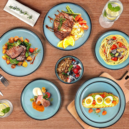 12 Pcs Reactive Glaze Teal Stoneware Dinnerware Sets for 46