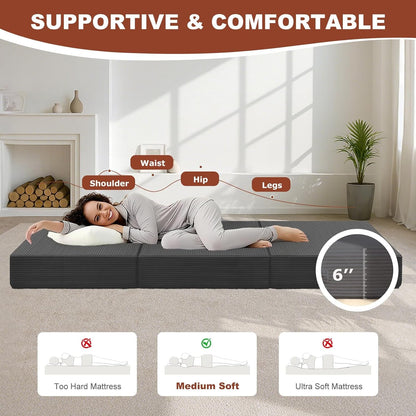 6-Inch Tri-Fold Foldable Mattress, Folding Sofa Bed with Removable Washable Cover, Portable Futon Mattress Full Size Floor Guest Mat with Non-Slip Bottom & Carry Handles for Camping (Grey, Queen)5