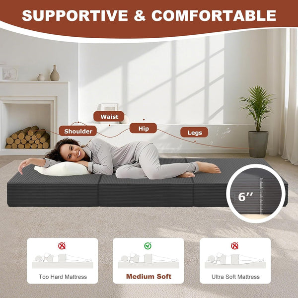 6-Inch Tri-Fold Foldable Mattress, Folding Sofa Bed with Removable Washable Cover, Portable Futon Mattress Full Size Floor Guest Mat with Non-Slip Bottom & Carry Handles for Camping (Grey, Queen)5