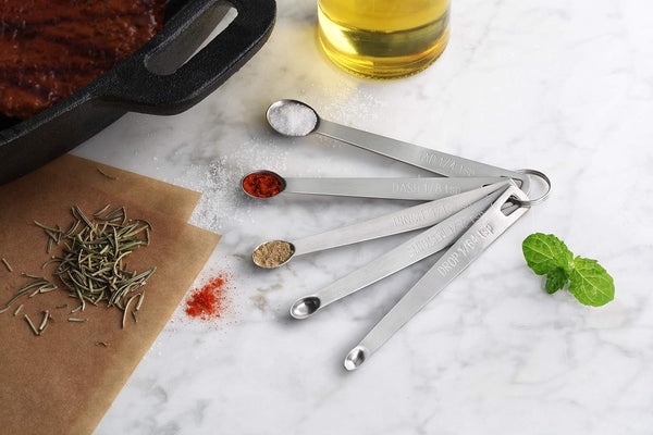 42924 Stainless Steel Mini Measuring Spoons Set, 5-Piece Small Metal Measuring Spoon Set for Spices, Baking, Cooking, Dash, Pinch, Smidgen, Drop, Tad, Silver5