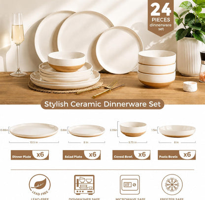 24-Piece Ceramic Dinnerware Set for 6, Handpainted Plates, Pasta Bowls & Bowls Set with Rustic Terracotta Underside, Scratch-Resistant, Dishwasher & Microwave Safe,Speckled Glaze Beige7