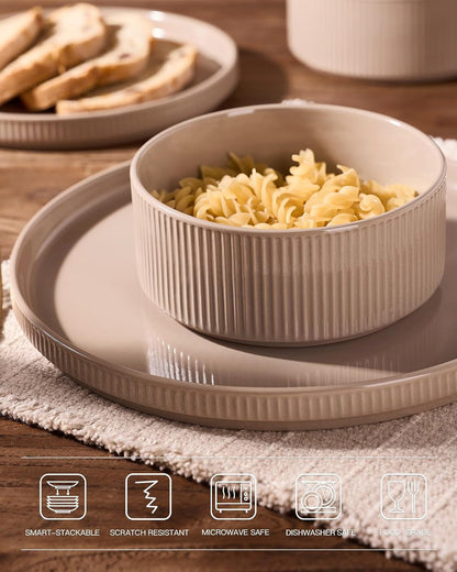 Ceramic Plates and Bowls Set, Dinnerware Sets, Ribbed Dishes for 44