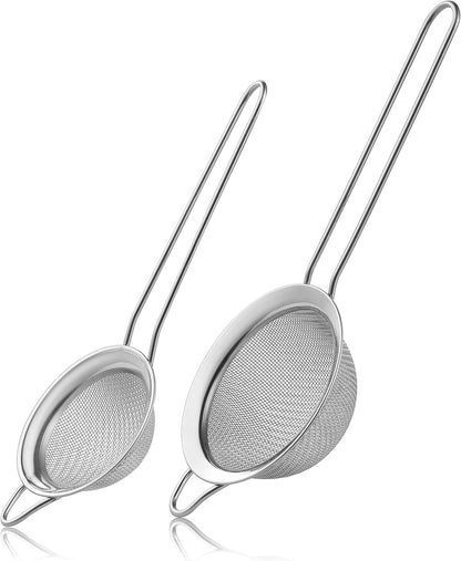 2 Pack Fine Mesh Strainers, Mini Stainless Steel Strainer with Handle for Kitchen, Metal Sieve Sifters for Straining Tea, Matcha, Cocktail, Juice and Coffee (8.6In 7.5In)1