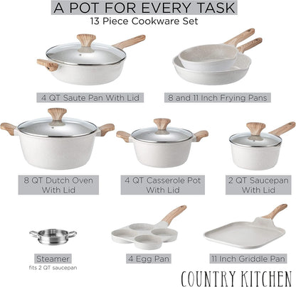 Non-Stick Cast Aluminum Cookware Set - Durable Kitchen Cookware for Everyday Cooking, Cream, 13 Pc.2