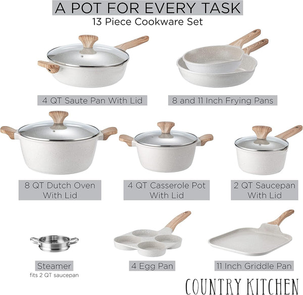 Non-Stick Cast Aluminum Cookware Set - Durable Kitchen Cookware for Everyday Cooking, Cream, 13 Pc.2