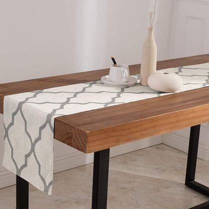 Moroccan Tile Table Runner Linen Textured for Kitchen Geometric Trellis Printed Table Cover 1 Panel 55" L Soft Grey4