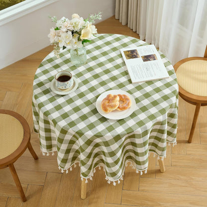 Round Gingham Tablecloth 60Inch, Cotton Linen Style, Green7