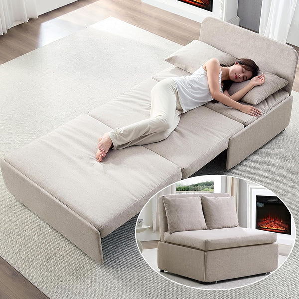 43" W Twin Size Pull Out Sleeper Sofa Bed Couch with Pullout Beds, 2 in 1 Convertible Linen Sleepers Single Sofas Chair with Pillows and Foldable Mattress for Small Space Apartment Loft, Beige6