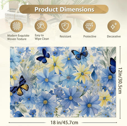 Blue Butterflies Placemats Set of 6,12X18 Inch Table Mats for Flowers Kitchen Table Washable Farmhouse Linen Table Mats Dining Decoration3