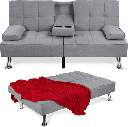 Linen Modern Folding Futon, Reclining Sofa Bed for Apartment, Dorm W/Removable Armrests, 2 Cupholders - Gray1