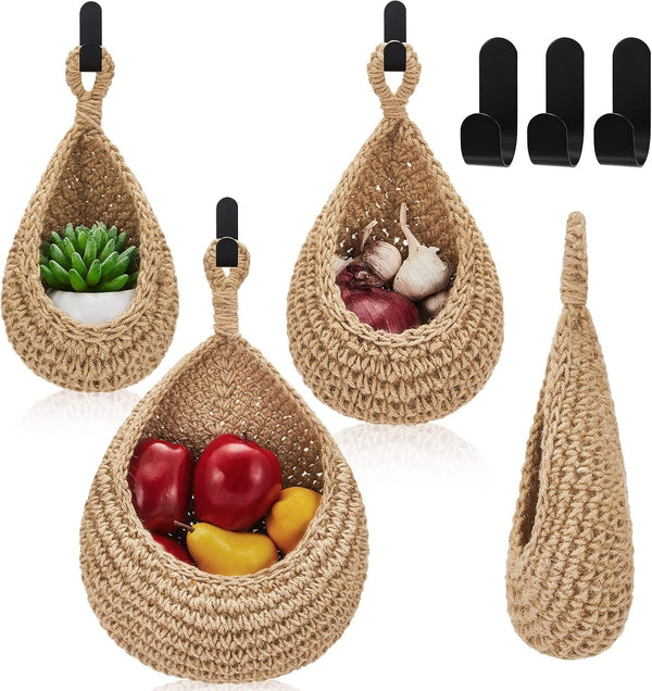 3 Hanging Baskets, Light Linen, Teardrop, Cotton Rope1
