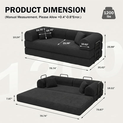 79" Convertible Futon Sofa Bed, Boneless Couch for Living Room, Black2