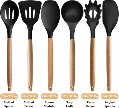 Silicone Kitchen Utensils Set of 6, Cooking Utensils Set with Heat Resistant Wooden Handle, Nonstick Silicone Spatula Spoon Turner Ladle, Cooking Kitchen Gadget for Cookware & Baking BPA FREE3