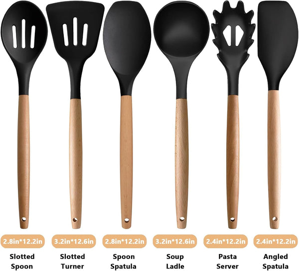 Silicone Kitchen Utensils Set of 6, Cooking Utensils Set with Heat Resistant Wooden Handle, Nonstick Silicone Spatula Spoon Turner Ladle, Cooking Kitchen Gadget for Cookware & Baking BPA FREE3
