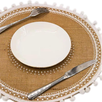 Placemats, Dining Winter Modern Dinner Braided Beige and Fall Circle Placemats Boho Runner Kitchen round Table Plate Mats Set of 4 (White Ball)5