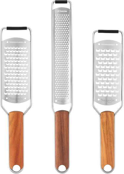 3-Piece Stainless Steel Cheese Grater & Zester Set W/Acacia Wood Handles – for Parmesan, Lemon Zest, Ginger, and Spices1
