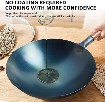14 Inch Pre-Seasoned Blue Carbon Steel Wok – Traditional round Bottom Chinese Pow Wok with Wooden Handle for Gas Stovetops & Open Fire (5 Quart)5