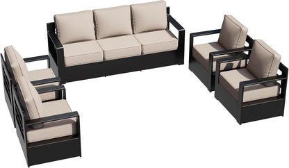 Outdoor Aluminum Furniture Set, 5-Piece Patio Conversation Set, 4 Chairs and 1 Sofa, All-Weather Metal Frame, 6" Thick Removable Cushions, Deep Setting for Garden, Poolside and Porch7