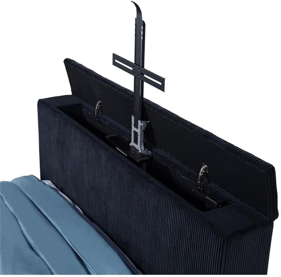 california-king-wingback-tv-bed-pine-frame-black-faux-fur-style-corduroy-flame-visualizer-headboard-hidden-motorized-tv-mount-usb-ports-modern-bedroom-furniture-for-tech-forward-use