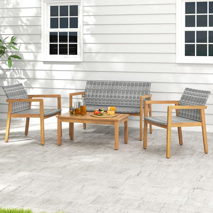 4 Pieces Outdoor Furniture Set, Acacia Wood Frame Sofa Set W/Rattan Seat & Back, Patio Conversation Set W/Coffee Table for Balcony, Poolside, Backyard (Mix Gray)8