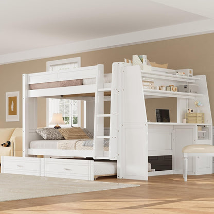 Bunk Bed Full over Full with Trundle,Desk and Bookshelve, White1