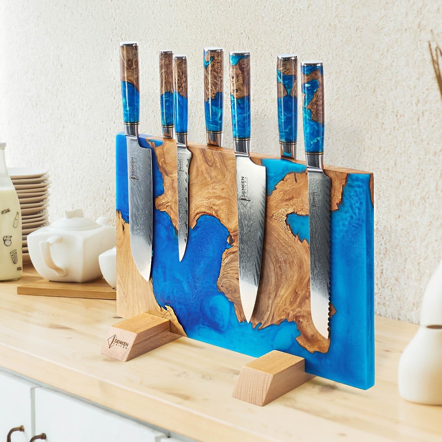 senken-tsunami-7-piece-damascus-kitchen-knife-set-with-magnetic-knife-block-67-layer-japanese-vg10-steel-chef-santoku-cleaver-bread-boning-more-blue-resin-burl-wood-block