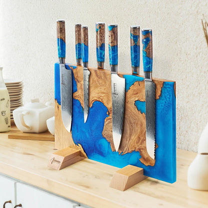 SENKEN Tsunami 7-Piece Damascus Kitchen Knife Set with Magnetic Knife Block – 67-Layer Japanese VG10 Steel – Chef, Santoku, Cleaver, Bread, Boning & More – Blue Resin Burl Wood Block5