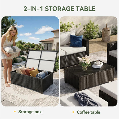 8 Piece Outdoor Patio Furniture Set 7 Seats, Outdoor Sectional with Thick Waterproof Cushions, Patio Conversation Sets for Garden,Backyard, Porch, Deck, Black & Beige7