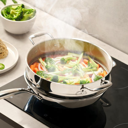 5-Ply Stainless Steel Wok Set, 12-Inch 5-Quart with Lid and Steamer - Induction Compatible, Oven Safe 800°F - Non-Toxic, No Coatings - Even Heating - Built to Last Generations5