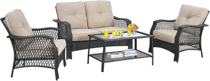 4 Pieces Outdoor Patio Furniture Set, Patiojoy PE Wicker Conversation Sofa Set with Tempered Glass Coffee Table, Sectional Rattan Patio Sofa Set for Garden, Backyard, Poolside (Beige)1