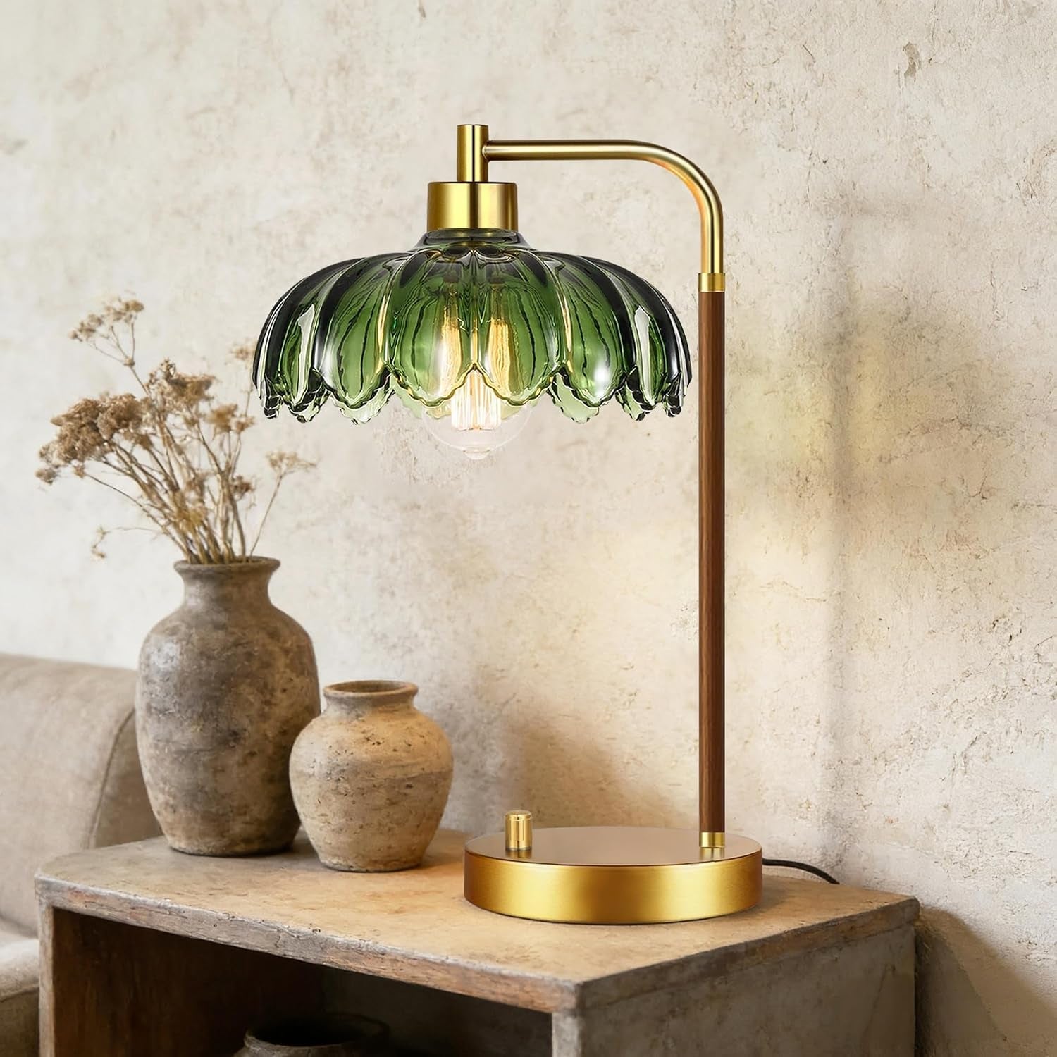 vintage-table-lamp-for-bedroom-living-room-small-bedside-lamps-dimmable-bedroom-lamp-with-glass-green-flower-lampshade-mid-century-modern-mini-nightstand-lamp-gold-boho-side-table-lamp