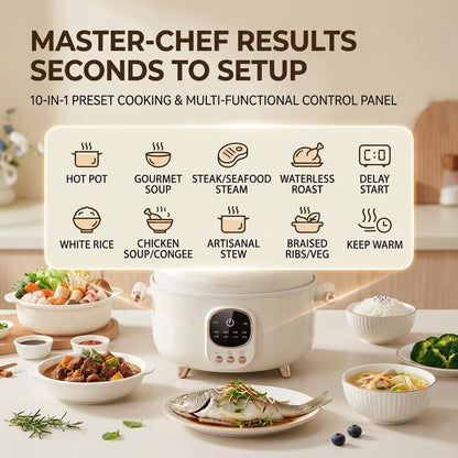 4.2Qt Electric Pressure Cooker & Smart Multi-Cooker, 10-In-1 Innovative 3-Compartment Rice Cooker, 1000W Hot Pot with 24H Timer, 70Kpa Fast Cooking, Non-Stick Inner Pots, Heat Preservation, 110V, White6