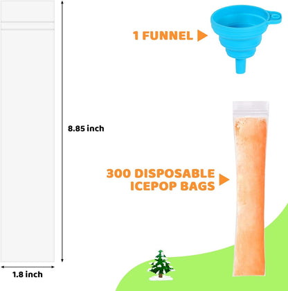 300 Disposable Ice Popsicle Mold Bags Comes with a Funnel | 1.8 X 8.5 Inch, BPA Free Freezer Tubes, Healthy Snack Yogurt Stick Juice Fruit Smoothies Ice Freezing2