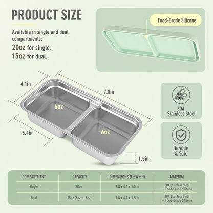 4 Pack Stainless Steel Snack Containers, Leak-Proof 2 Compartment Lunch Boxes with Silicone Lids, Reusable Metal Snack Box for Meal Prep, Travel, Outdoor & Daily Use (2 Compartments – A)5