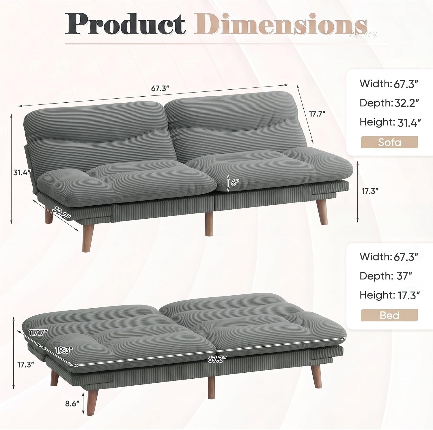 67-convertible-futon-sofa-bed-modern-corduroy-loveseat-dove-grey