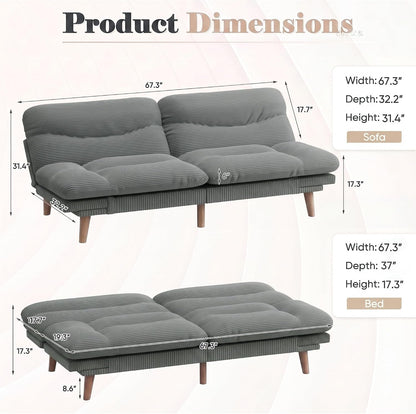 67'' Convertible Futon Sofa Bed, Modern Corduroy Loveseat, Dove Grey2