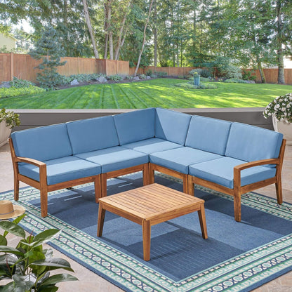 Great Deal Furniture Noble House Grenada Outdoor Acacia Wood 5 Seater Sectional Sofa Set Teak/Blue4