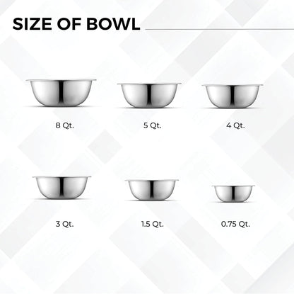 Set of 6 Premium Stainless Steel Mixing Bowls Set, Easy to Clean, Space Saving Nestable Design, Great for Cooking, Baking, Prepping (0.75Qt, 1.5Qt, 3Qt, 4Qt, 5Qt, 8Qt)3