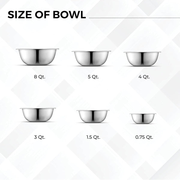 Set of 6 Premium Stainless Steel Mixing Bowls Set, Easy to Clean, Space Saving Nestable Design, Great for Cooking, Baking, Prepping (0.75Qt, 1.5Qt, 3Qt, 4Qt, 5Qt, 8Qt)3