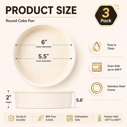 6 Inch round Cake Pan Set, 3 Pack Silicone Mold with Metal Frame | Great for Multiple Cake Creations, Cheesecake, Desserts and Everyday Baking with Easy Cleanup4